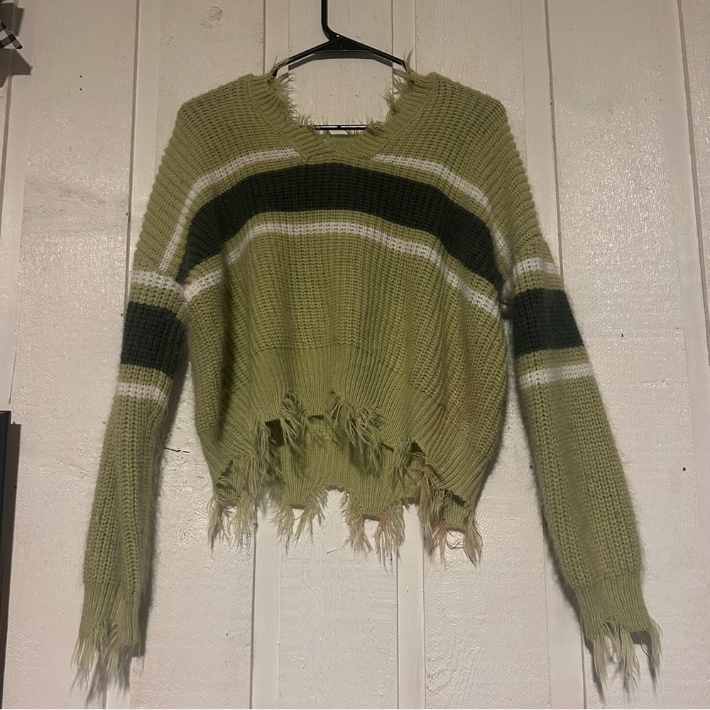 Green V-Neck Sweater with Distressed Details
